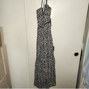 Lulus Maxi Dress Womens XS Black White NEW Floral Halter Tiered Boho Rayon